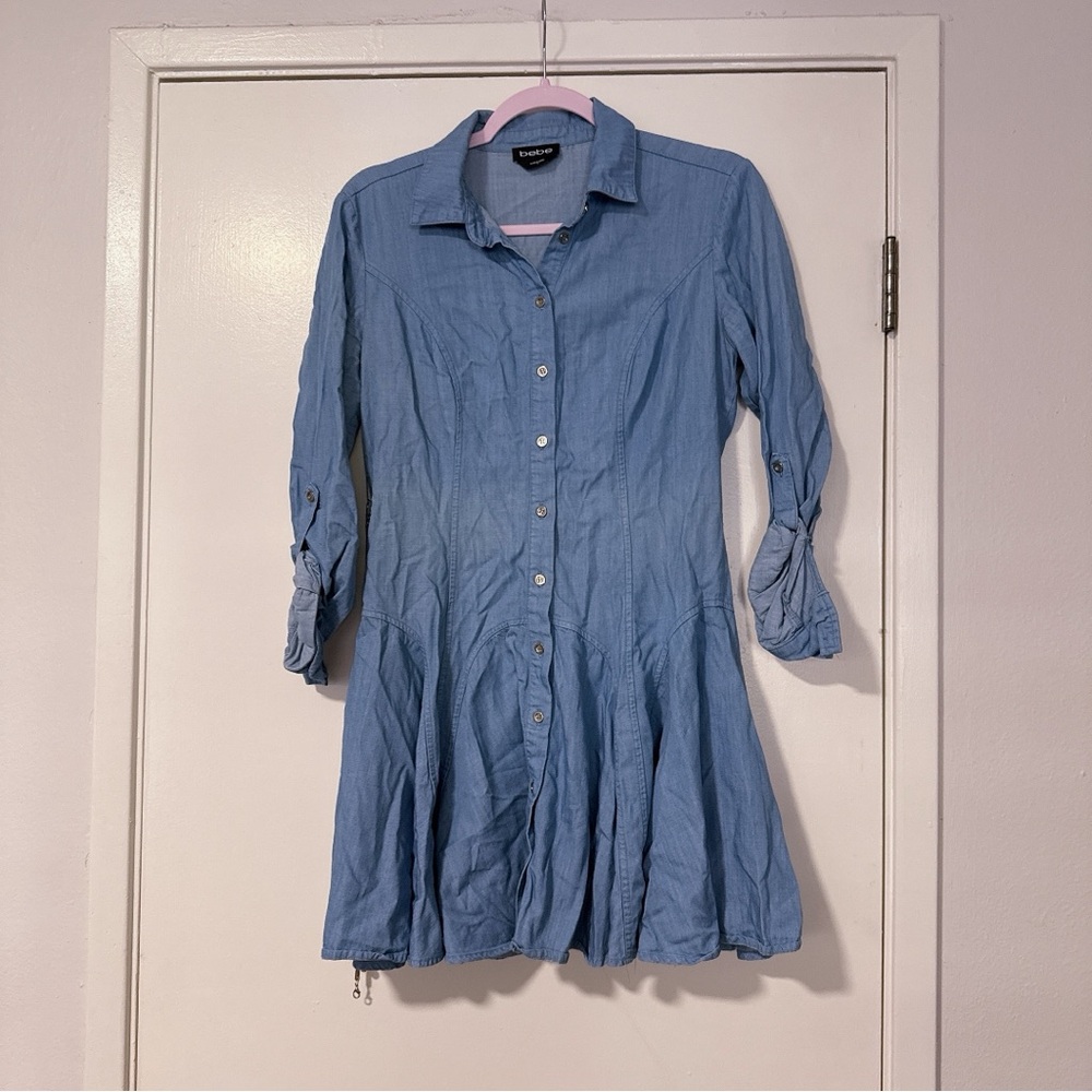 Bebe Blue Pleated Sundress with 3/4 Cuffed Sleeves #888 - Picture 2 of 3